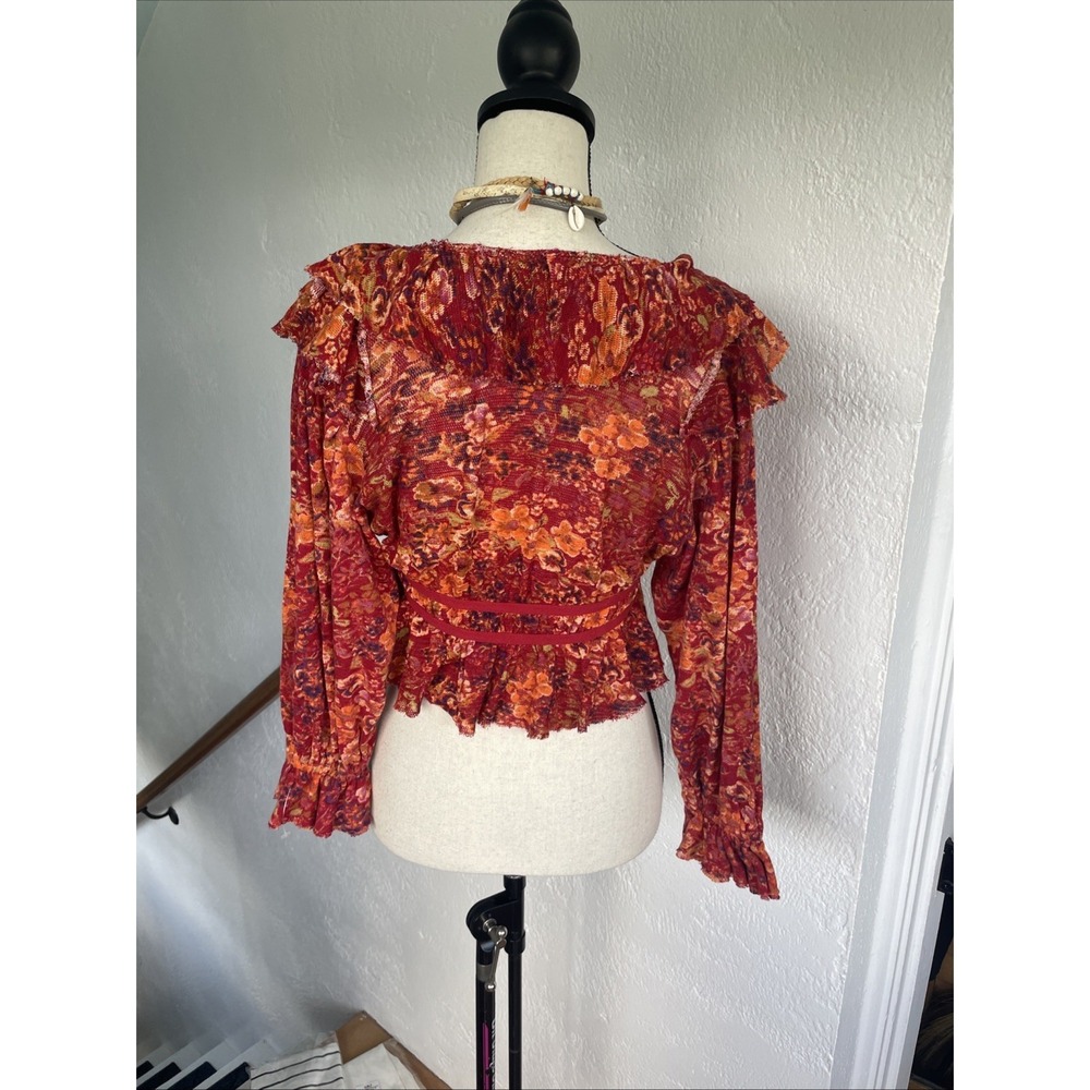 Free People Red Orange Floral Rudi Ruffle Cropped Long Sleeve Top - Picture 7 of 9